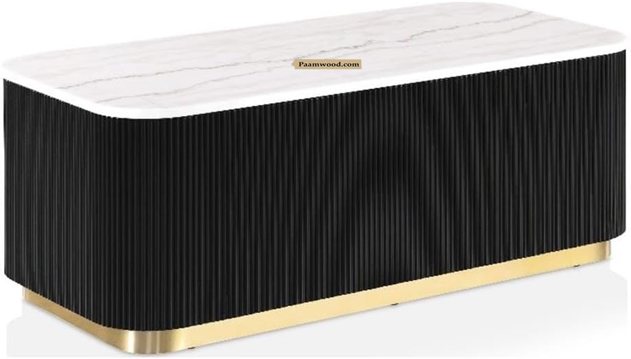 Image of Luxury Rectangle Black Coffee Table with Nano Composite Marble-Look Top & Gold Base, Waterproof Plywood, Contemporary Center Table with Ribbed Fluted Design for Living Room & Home Decor