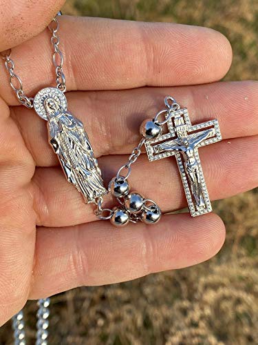 HarlemBling Solid 925 Sterling Silver Rosary Beads - Heavy 36.5 Grams - 6mm Wide - Men's Rosario Necklace Prayer Beads3