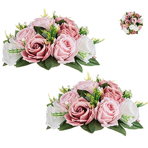 BLOSMON Centros de Mesa con Bolas de Flores 2 Pcs Fake Rosa Polvoriento Centro de Mesa de Flores de Seda Artificial Ramo de Besos para Fiesta de Boda Día de San Valentín Decoración del hogar