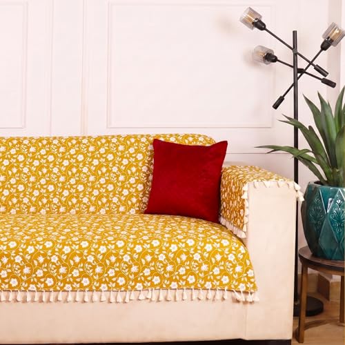 Image of ishro home Premium Sofa Cover 2 Seater Protecter with 2 Handle Covers - Soft European Standard Fabric, Frill Design, Machine Washable | (Yellow Floral, 2 Seater)