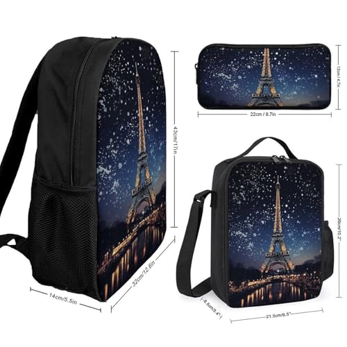 3 Piece Backpack for Women Men Lightweight Causal Daypack Shoulder Bag Set with Insulated Lunch Bag And Pencil Case Organizers Night Paris Eiffel2
