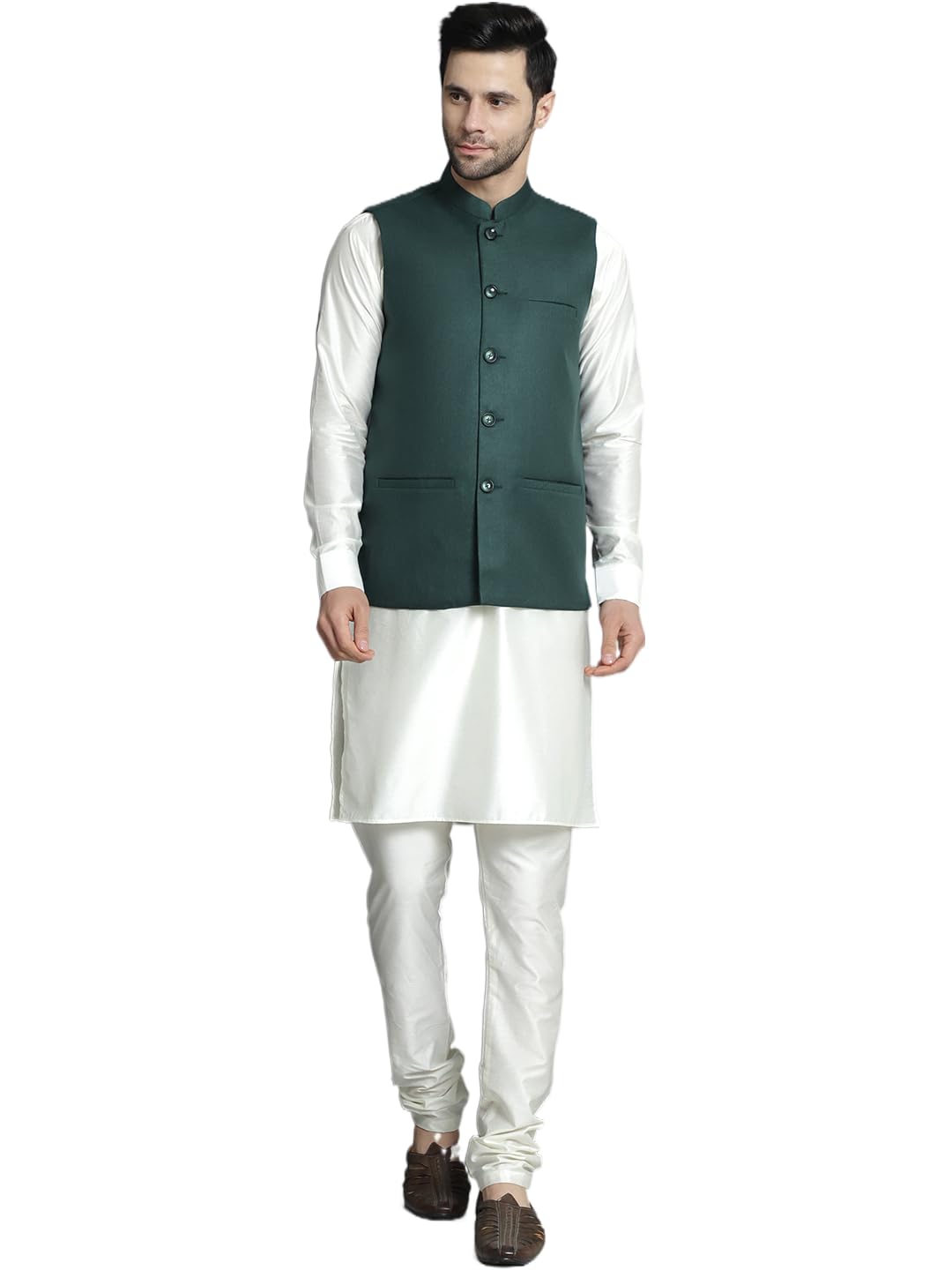 jompers Men's Olive Solid Nehru Jacket with White Kurta & Churidar (Olive, M)-picture-32