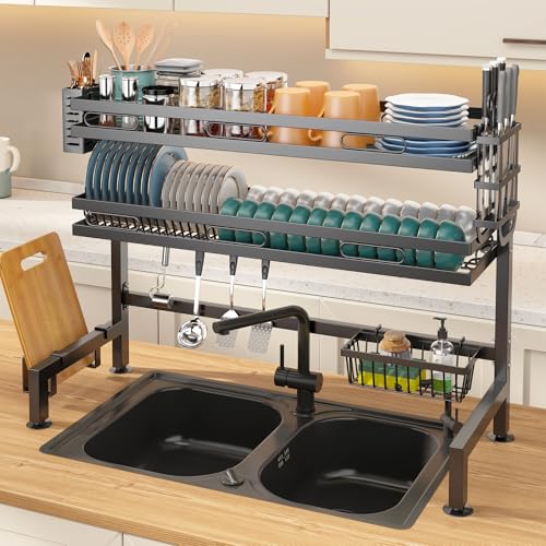 HOISIMDY Over The Sink Dish Drying Rack Kitchen Dish Rack 2 Tier Large Capacity Dish Drainer