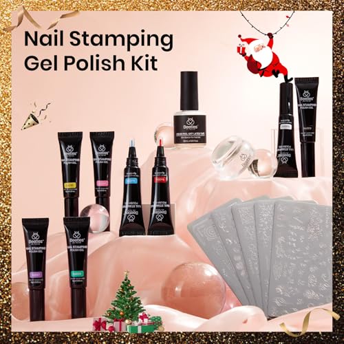Image of Beetles Nail Stamp Gel 16Pcs French Tip Nail Stamp Kit with 8 Colors Stamper Gel Polish, 5 Nails Stamping Templates, Scrapers, Liquid Latex & Short Silicone Stamper Gift for Women