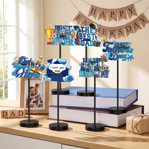 Image of Briwooody 6 Pcs Father's Day Table Decorations Happy Father's Day Wooden Table Centerpieces Best Dad Ever Signs Wood Tiered Tray Decor for Home Birthday Party Supplies Gifts