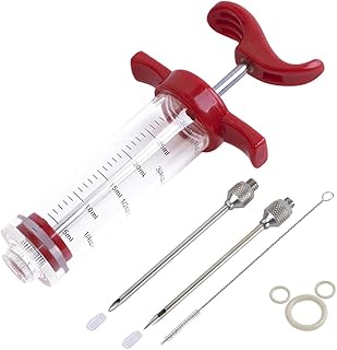 Plastic Marinade Injector Syringe with Screw-on Meat Needle for BBQ Grill, 1-oz, Red, Recipe E-Book (Download PDF)