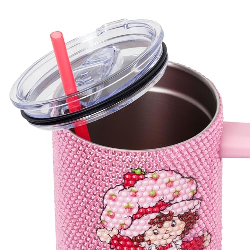 Image of Silver Buffalo Strawberry Shortcake StainlessSteel Rhinestone Tumbler, 40oz | Blueberry Muffin, Collage, 1.2 Liters, Pink, Double-Walled, Handle, Straw, Straw Cap