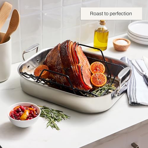 Image of All-Clad Specialty Stainless Steel Roaster and Nonstick Rack 16x13x5 Inch Oven Broiler Safe 600F Roaster Pan, Pots and Pans, Bakeware, Turkey, Silver (Pack of 2)