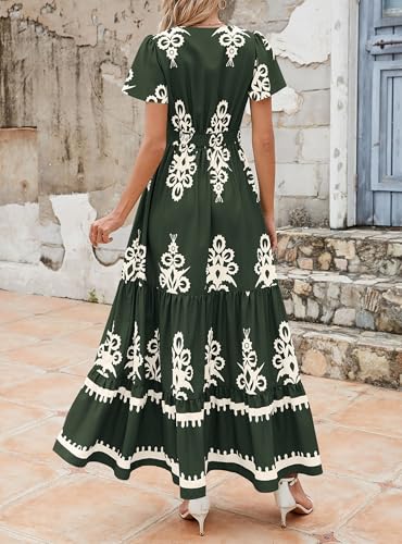 Image of PRETTYGARDEN Womens 2026 Summer Casual V Neck Boho Maxi Dress Flowy Aline Bell Sleeve Tiered Floral Dresses with Pocket
