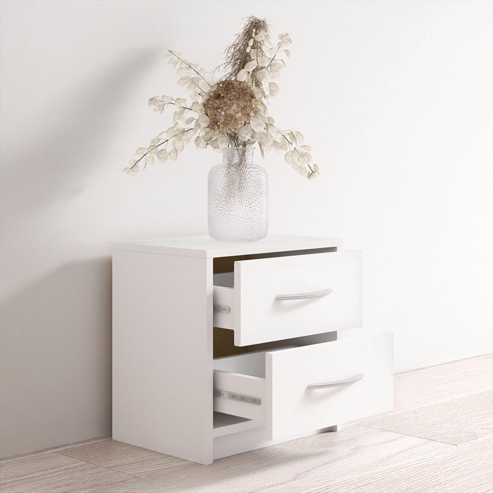 Meble Furniture Polo 2D Nightstand with Two Storage Drawers — Compact Modern Bedside Table — Matte Finish, 17.7 x 15.7 x 21.7 inches — White