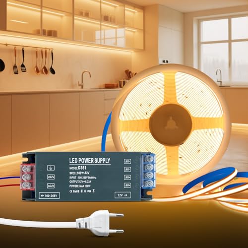 KSIBNW Ruban LED COB 12V, 5M Bande LED COB Blanc Chaud 3000K Découpable Flexible 320LED/M CRI90 Adhésif Bandeau Largeur 8mm avec Transformateur 220V 12V 100W pour Chambre, Décoration de la Maison