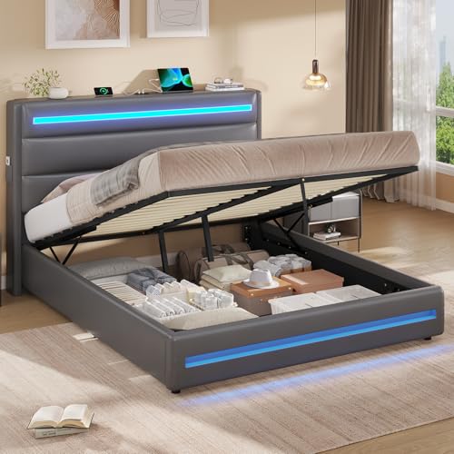 KIMENICH Bett 160X200 mit LED-Beleuchtung, Hydraulisches Bett 160x200 cm, Polsterbett Doppelbett, Bettgestell mit Stauraum und Lattenrost, Schlafzimmer, PU Grau KIMENICH Bett 160X200 mit LED-Beleuchtung, Hydraulisches Bett 160x200 cm, Polsterbett Doppelbett, Bettgestell mit Stauraum und Lattenrost, Schlafzimmer, PU Grau
