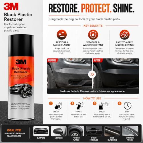 Image of 3M Black Plastic Restorer, Black Coating for Unpainted Exterior Plastic Parts (330g, Pack of 3)