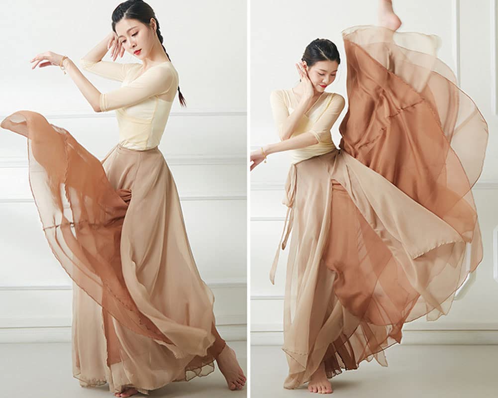 GUOCU Mujer 720 Grados Degradado de Color Falda de Gasa Doble Capa Falda de Columpio Grande Traje de actuación en el Escenario Chino Clásico Falda de Danza Fluida Dividida Profesional