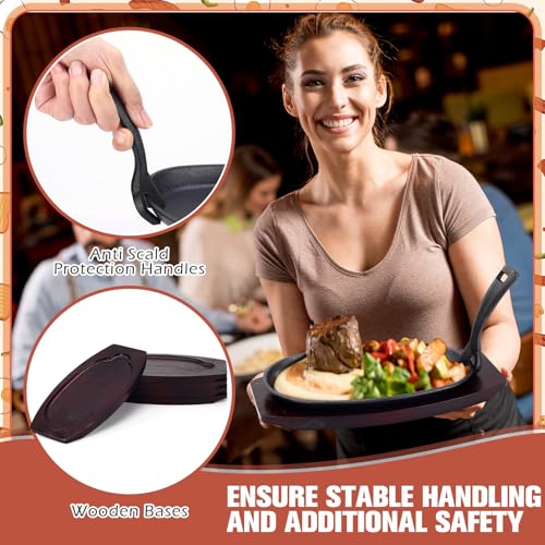 Maxdot 8 Pieces Cast Iron Fajita Skillet Pan Set Sizzling Steak Plate with Wooden Base and Handle Cast Iron Fajita Skillet Sizzling Plate for Home Restaurant Barbecue Holiday Party - Image 5