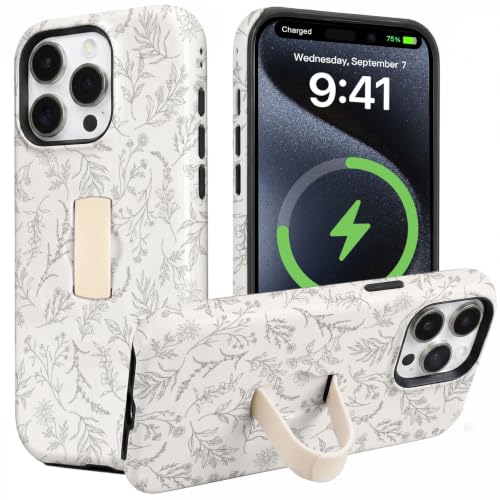 Coque iPhone 14 Pro MagSafe fleurie sauge béquille et dragonne antichoc