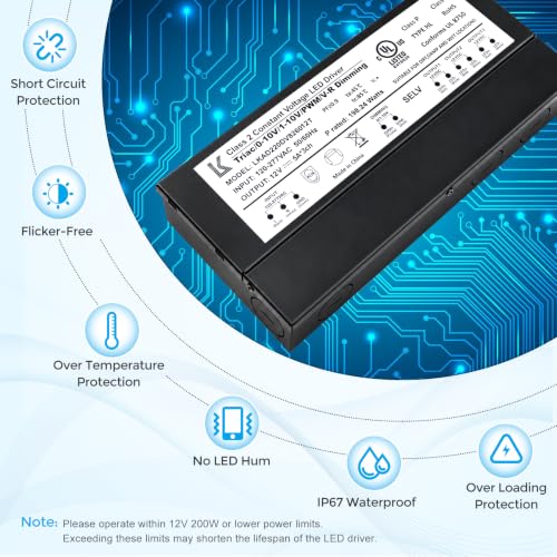 Image of 12V 200W Dimmable LED Driver, 5-in-1 Triac /ELV /MLV /0-10V /1-10V /PWM /V-R Dimming AC to DC Power Supply, IP67 Waterproof LED Transformer, UL Listed, Compatible with Lutron & Leviton Dimmer