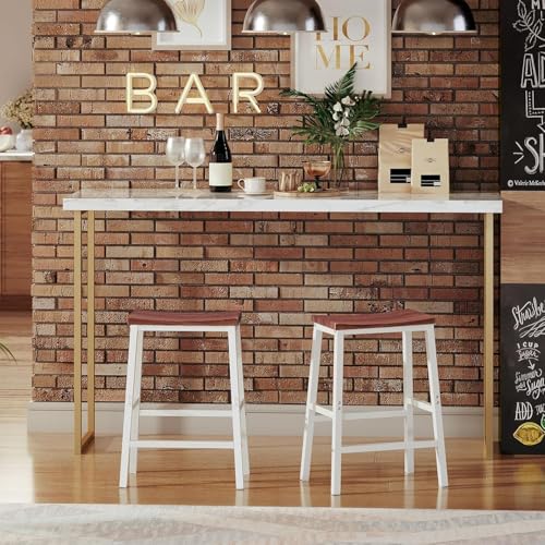 Image of STUDIO AXIS Wooden Bar Stool Set of 2 for Kitchen Counter | Wooden Seat with White Frame High Stool | Counter Height Bar Chairs for Kitchen Island, Home Bar & Cafe