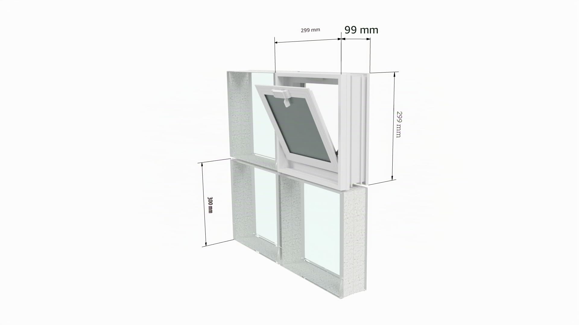 Ventana de ventilación para insertar en una pared de vitroladrillos o mampostería | Dimensiones 30 x 30 x 10 cm | Unidad de venta 1 ventana