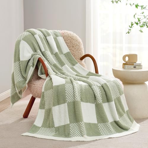 Snuggle Sac Checkered Blanket, Sage Green Throw Blanket for Couch Plaid Microfiber Fluffy Warm Cozy...