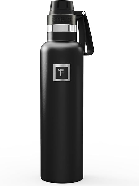 IRON °FLASK Camping & Hiking Hydration Flask with Spout, Narrow Mouth Insulated Stainless Steel Sports Water Bottle - Midnight Black 24 oz - Spout (1 Lid)