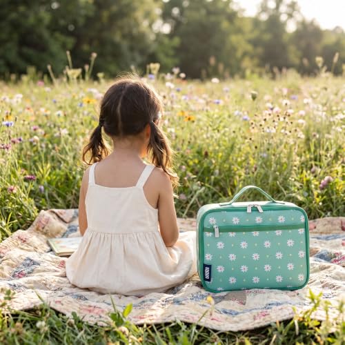 Image of Wildkin Insulated Lunch Box for Kids, Daisy | 9.75 x 7 x 3.25 in insulated lunch box with roomy main compartment, front zip pocket and interior mesh pocket.