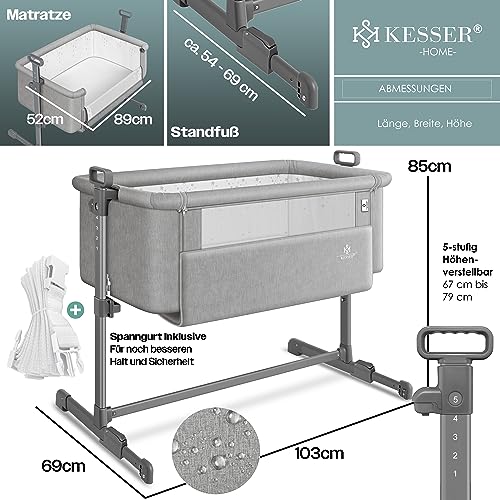 KESSER® Zustellbett Hubi 3in1 Baby Beistellbett Reisebett Babybett mit weich Matratze mit Rollen Kinderbett 5-Fach Höhenverstellung Faltbare Seitenwand für Zuhause und Unterwegs + Spanngurt Hellgrau
