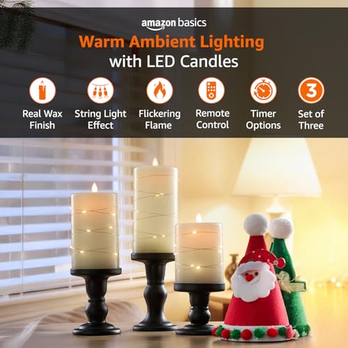 Image of amazon basics LED Candles with String Light Effect, Set of 3 (8X10 CM, 8X12.5 CM, 8X15 CM), Ivory Wax Pillars, Flickering Warm Flame, Remote & Timer, Flameless Decorative Lighting
