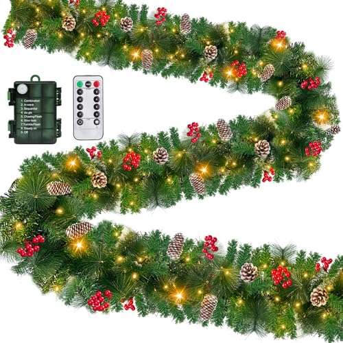 Remote Control & Timer & 8 Modes 9 Ft Prelit Christmas Garland 50 Warm White LED Lights Cedar garland Battery Operated 300 Thick Branch Bristle Pine 198 Red Berries Pinecones Xmas mantle Decor...