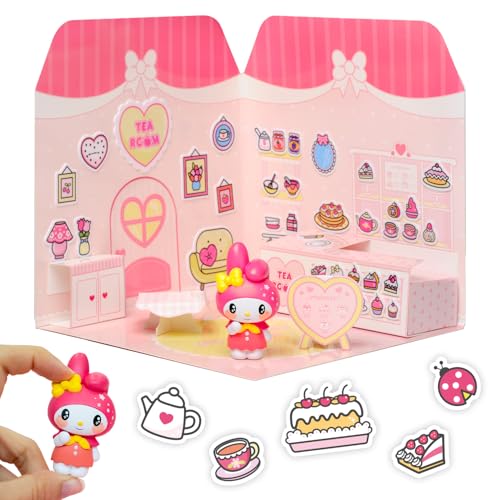 Playset My Melody Tea Room 40+ Stickers and 6cm Figurine | 3D Casa Restaurante Pegatinas Reutilizables | Kawaii Foodcourt Sticker House | Comansi