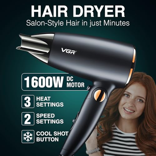 Image of VGR V-439 Foldable Hair Dryer for Men & Women with 1600W DC Motor, 2 Speed Settings, Cool Shot Function, 1.8m Cable, Ideal for Salon and Home Use (Black)