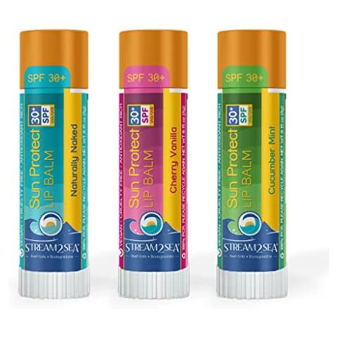 STREAM 2 SEA SPF 30 Organic Lip Balm Set, Reef Safe Cherry Vanilla, Naturally Naked and Cucumber Mint, Moisturizing + Sun Protect Outdoor Lip Balm For Beach and Sports, Paraben Free Lip Moisturizer Cover