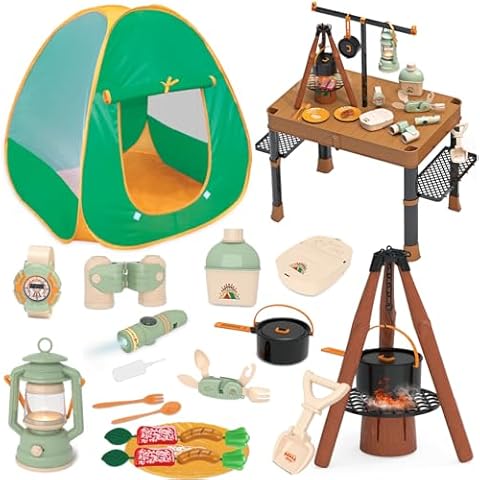 Fistone 50pcs Kids Camping Set with Folding Storage Table & Tent - Includes Projector Flashlight, Toddler Toys for Boys with Campfire, Pretend Play Camping Set with Food Toy, Ideal for Gift Cover