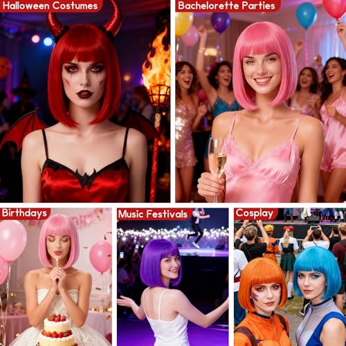 Image of 2 Pack Red Bob Wig with Bangs Heart Sunglasses for Women, Neon Bobs Funny Party Wigs Synthetic Hair for Adults Halloween Cosplay Costume Clubs Celebration Christmas Bachelorette Party