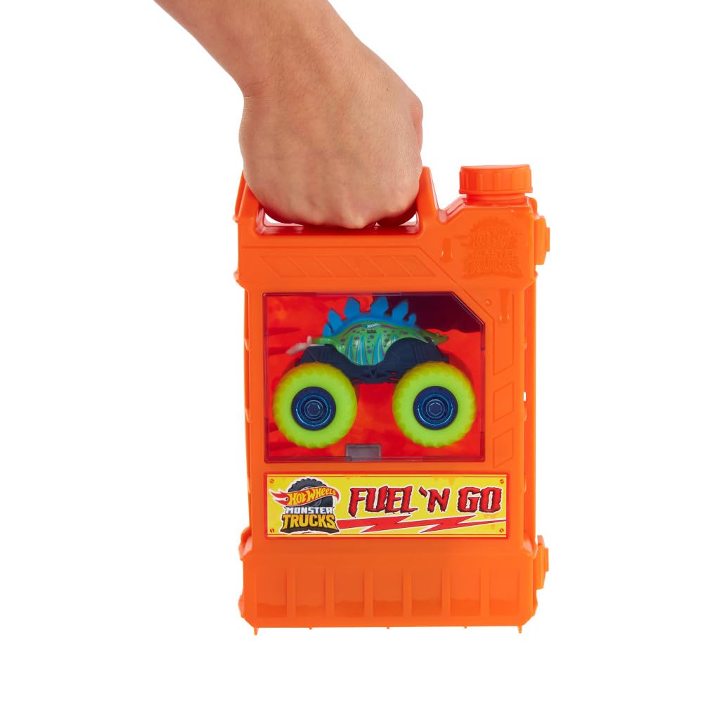 Hot Wheels Monster Trucks „Tankuj i jedź” Zabawkowy kanister przekształcający się w zestaw kaskaderski, z pojazdem Motosaurus w skali 1:64 i 2 autkami do „zgniatania”, HXT04