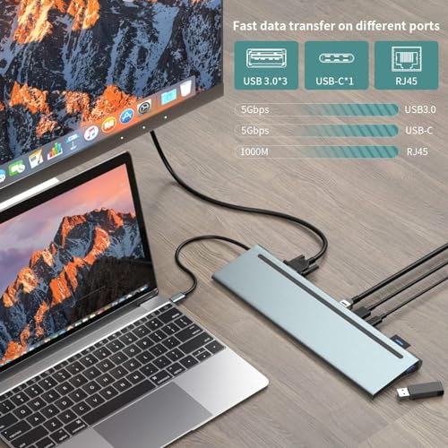 Image of USB C to 12 in 1 HUB Dock MST, Type C to 4K HDMI VGA DisplayPort Ethernet Adapter 100W Power Delivery, 3 USB 3.0, SD /TF Card Reader, 3.5mm Audio for iPad MakBook Laptop Notebook Android. RT-HUB1