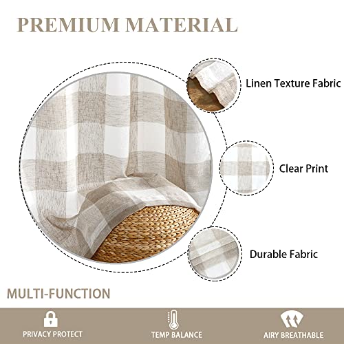 Amzdecor Tan Buffalo Plaid Curtains Linen Textured Sheer Panels Buffalo Check Plaid Rod Pocket Rustic Window Treatment Sets For Living Room Bedroom,2 Panels, 40''X84'', Tan/Beige #TOP3