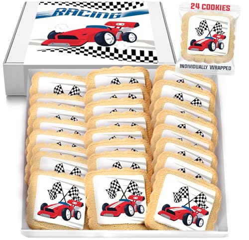Image of Race Car Themed Cookies Party Favors | Individually Wrapped 24 Pack Bulk | for Kids Birthday Treats | Red Black White Raceway Race Track Black White Checkered Racing Theme