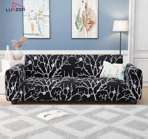 Image of Lukzer 3 Seater Sofa Cover - Black Stem | 360 Fully Covered Anti-Slip Washable Couch Cover Protecter | 140 GSM Stretch Fit Polyester + Spandex Slipcover (180-200cm /SC-001-03)
