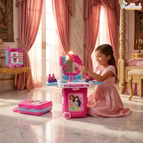Image of Barbie Trolley Dressing Set for Girls - 18 Pcs Portable Beauty Kit with Lights, Music & Realistic Makeup Accessories - Pretend Play Vanity Set |Birthday Gift for Kids Age 3+ (Pink)