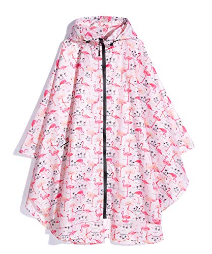 Damen Regen Poncho stilvolle wasserdichte Regenmantel mit Kapuze Reißverschluss (Rosa Flamingo)