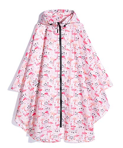 Damen Regen Poncho stilvolle wasserdichte Regenmantel mit Kapuze Reißverschluss (Rosa Flamingo)