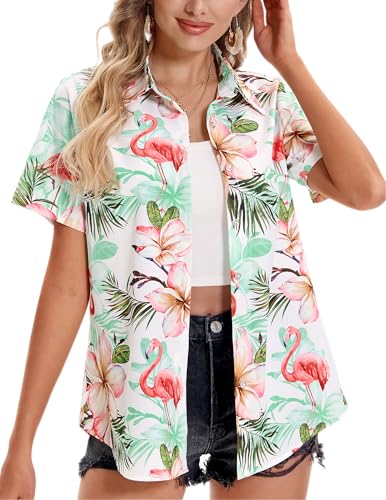 Hawaiian Shirts for Women Beach Shirts Tropical Blouses Womens Aloha Outfits Luau Clothing Summer Ladies Button Up Vacaion Party,Flamingo White,Small,
