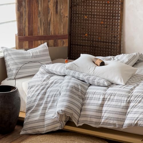 Image of EAVD Retro Grey White Striped Duvet Cover Full Soft 100% Washed Cotton Reversible Striped Bedding Set with 2 Pillowcases Farmhouse Geometric Pattern Duvet Cover with Zipper Closure