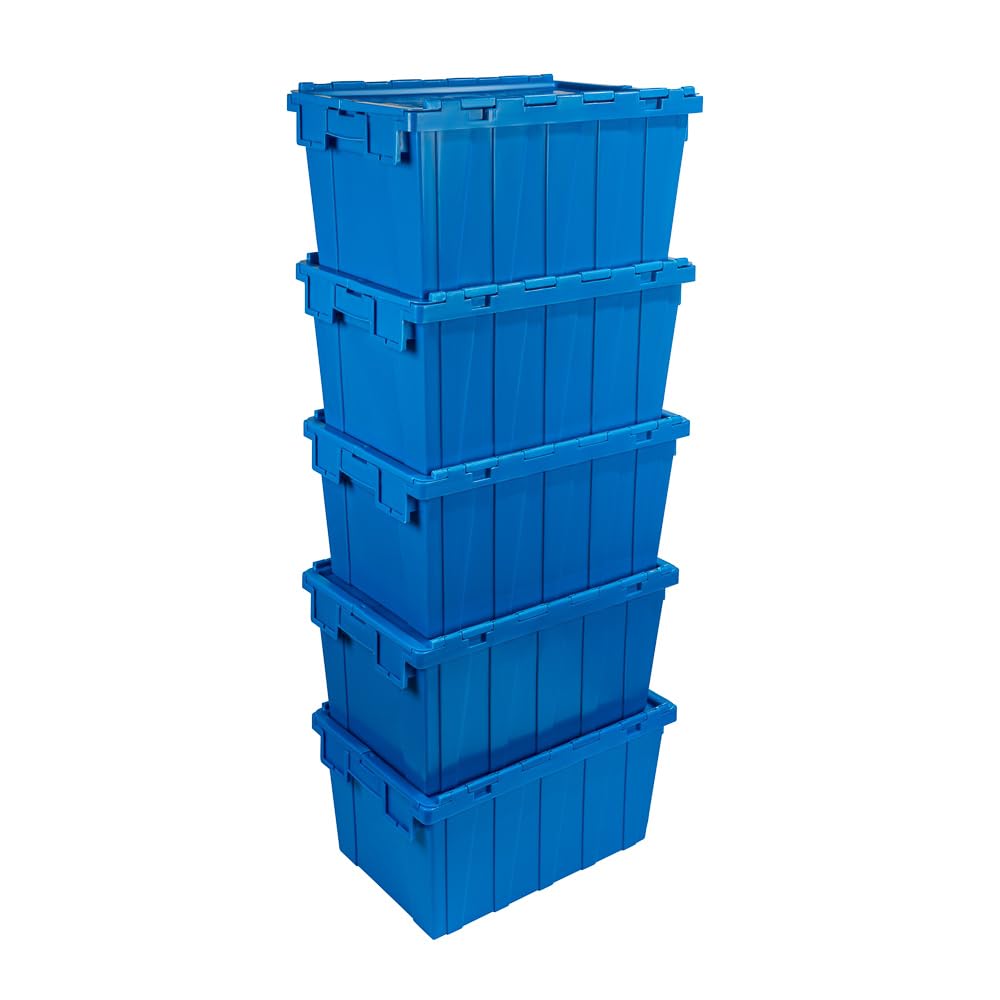 Satargo 5 Heavy Duty Stackable Storage Boxes – Industrial Plastic Containers with Lids, 60L/590x395x320mm – Durable Stack & Lock Warehouse/Workshop/Garage Organiser – Blue (Set of 5)