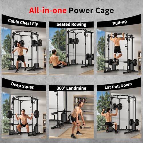 Image of JEEKEE Power Cage with 180LB Weight Stack & Cable Crossover, 2200LB Heavy Duty Power Rack with Dual Pulley System, LAT Pulldown Seat Cushion, 20+ Attachments for Home Gym