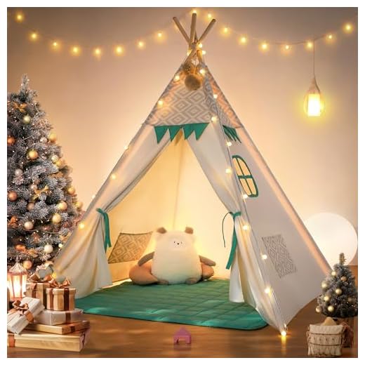besrey Tipi Enfant avec lumière Tapis & fixateur, Cabane Tente tipi Enfant, Grande Tente Pliante pour Bebe, Maison Petit garçon Fille (Vert et Blanc)