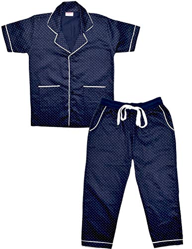 Image of Unisex Pure Cotton Polka Dot Printed Short Sleeve Night Suit for Boys and Girls Pyjama Top Combo Set (SM-00283UNISEXSWPT NavyBlue)
