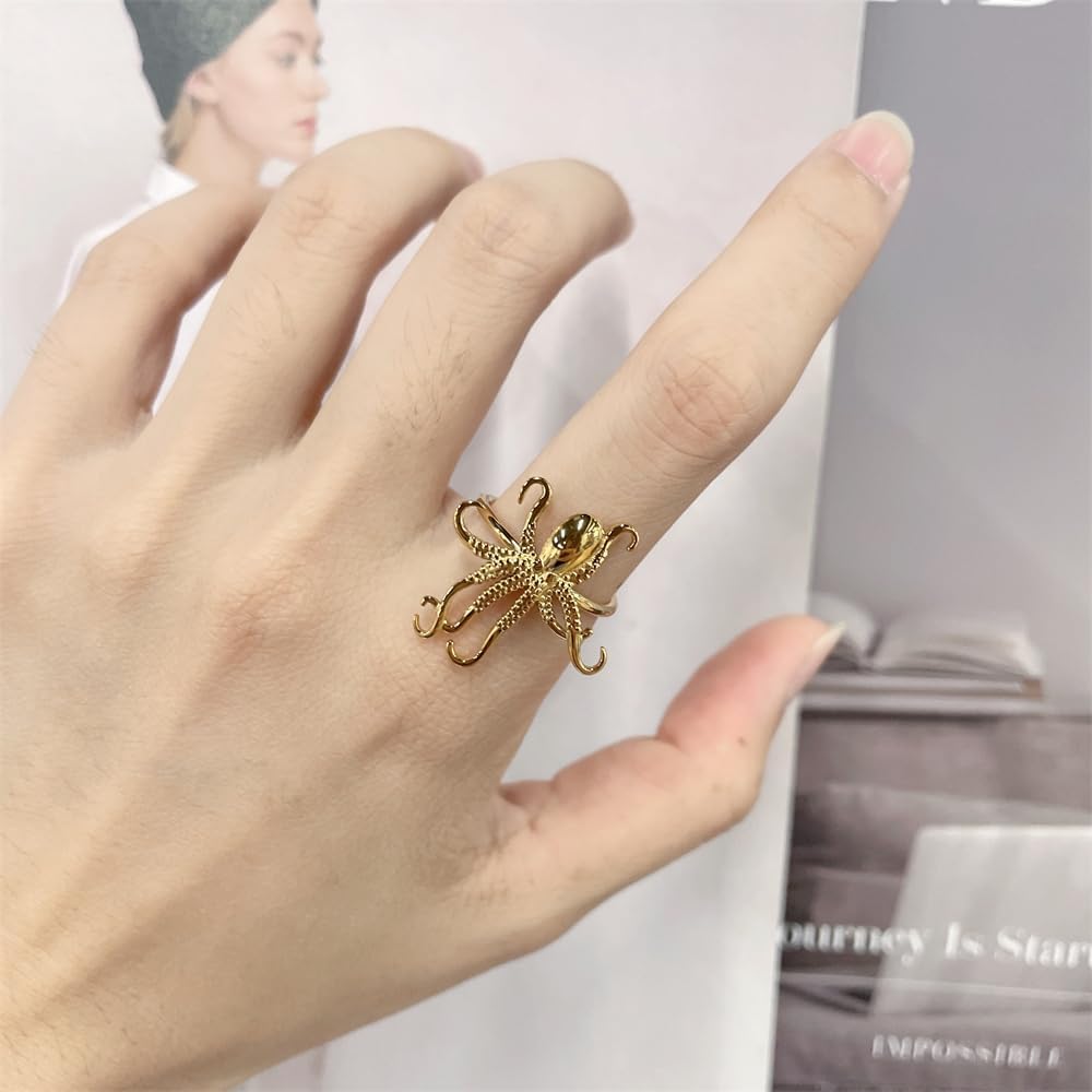 NewZenro Vintage Octopus Statement Adjustable Ring for Women Gold Plated Stainless Steel Cute Ocean Animal Open Finger Rings Comfort Fit Seaside Summer Holiday Fashion Jewelry - Image 5