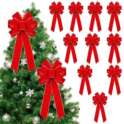 Fovths 12 Pieces Red Christmas Bows 20 x 12 Inches Large Velvet Christmas Wreath Bow with Glitter Gold Edge Christmas Tree Topper Ornament Bow for Christmas Home Indoor Outdoor Door Decor